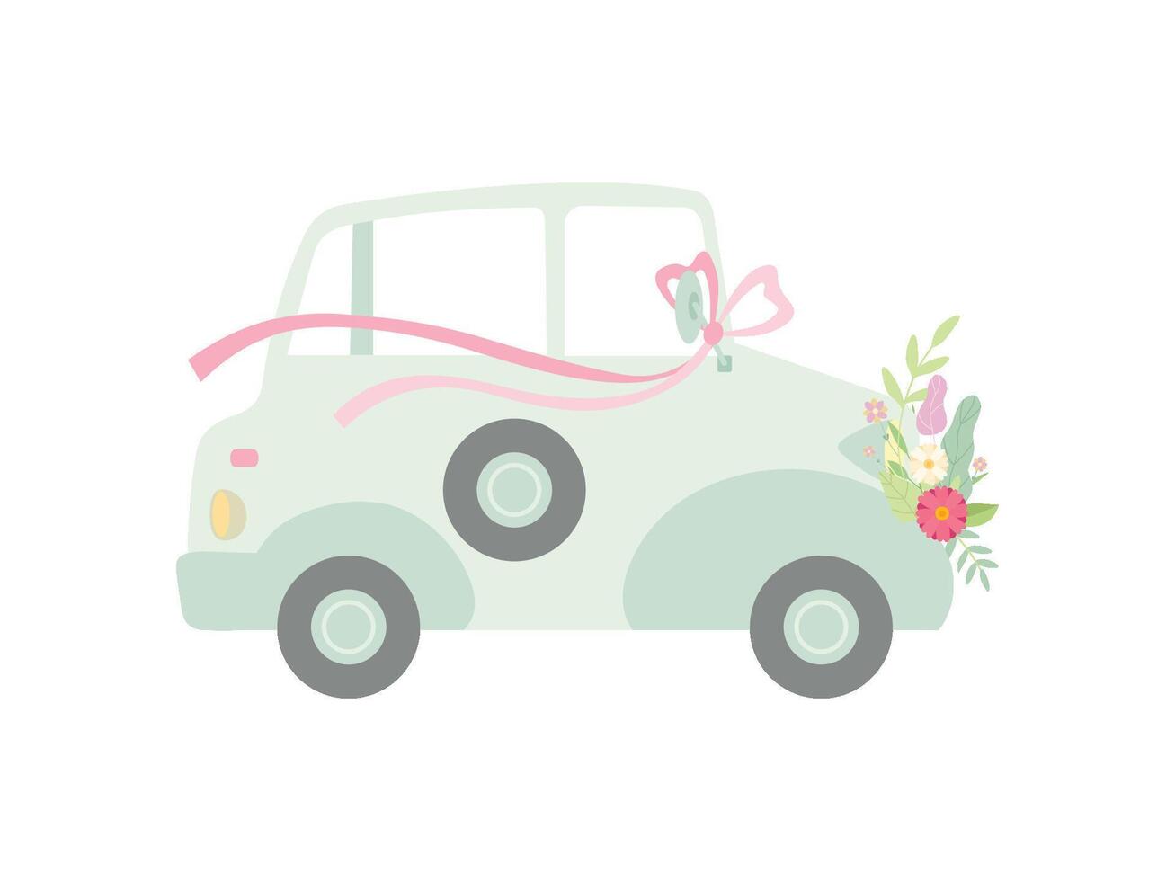 Vintage Car Decorated with Bow and Flowers, Wedding Retro Auto, Side View Illustration vector
