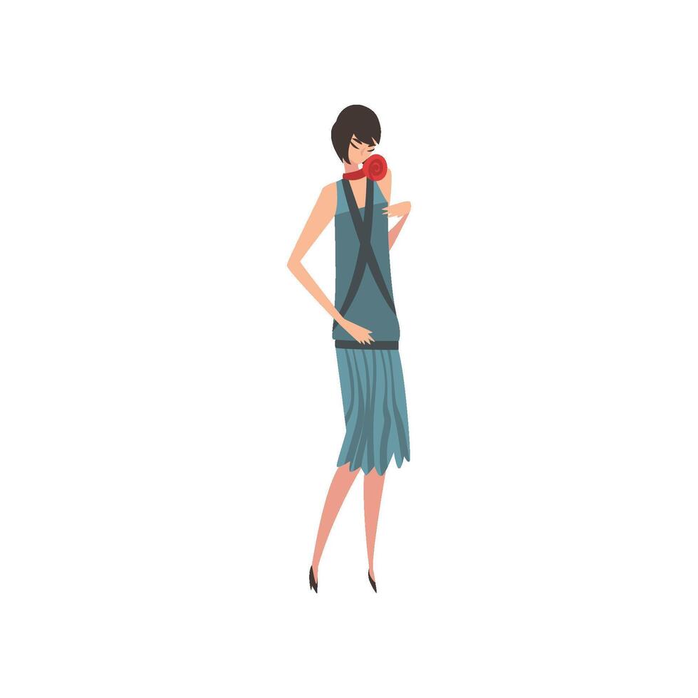Elegant Brunette Woman in Blue Retro Dress, Beautiful Girl of 1920s, Art Deco Style Illustration vector