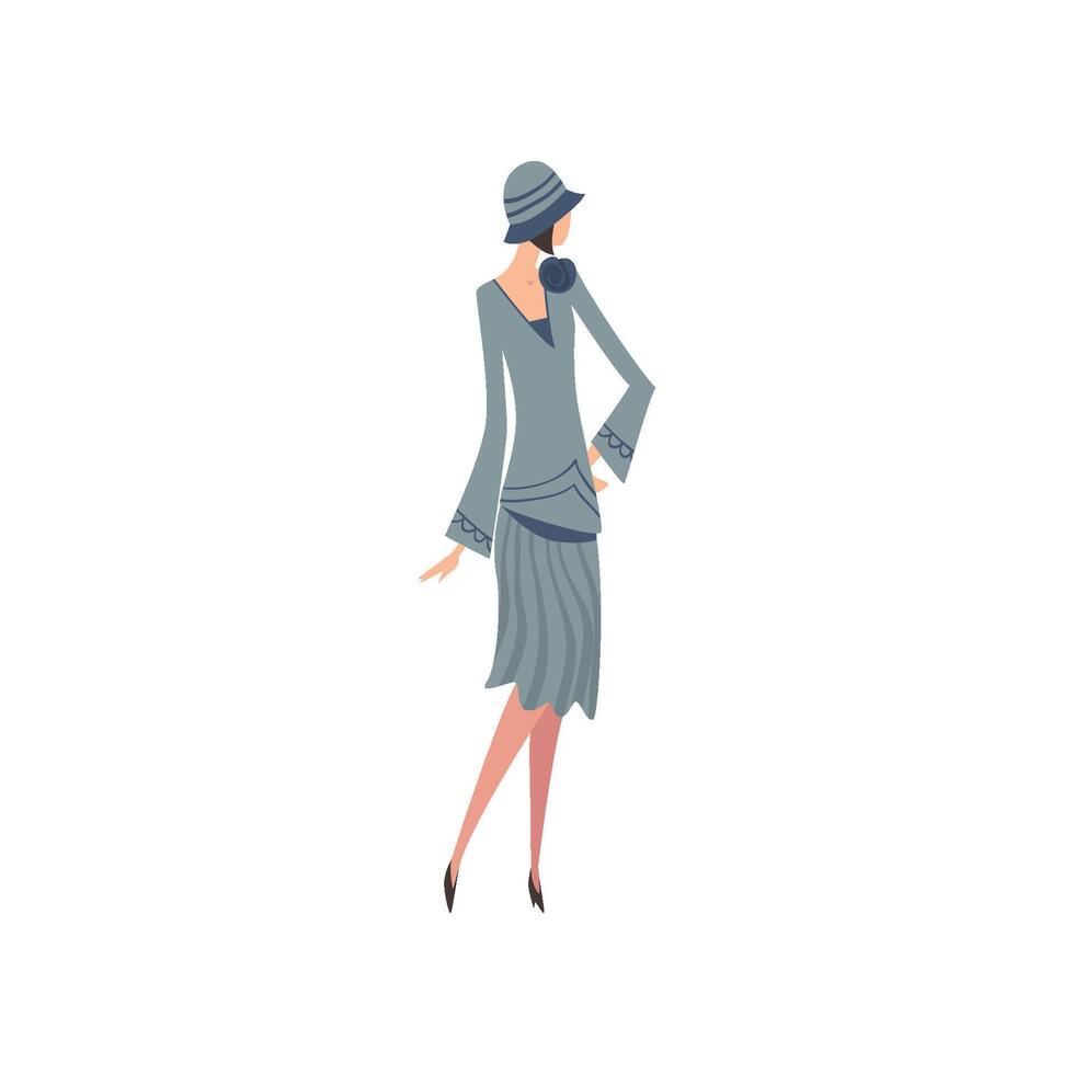 Elegant Woman in Blue Retro Dress and Hat, Beautiful Girl of 1920s, Art Deco Style Illustration vector