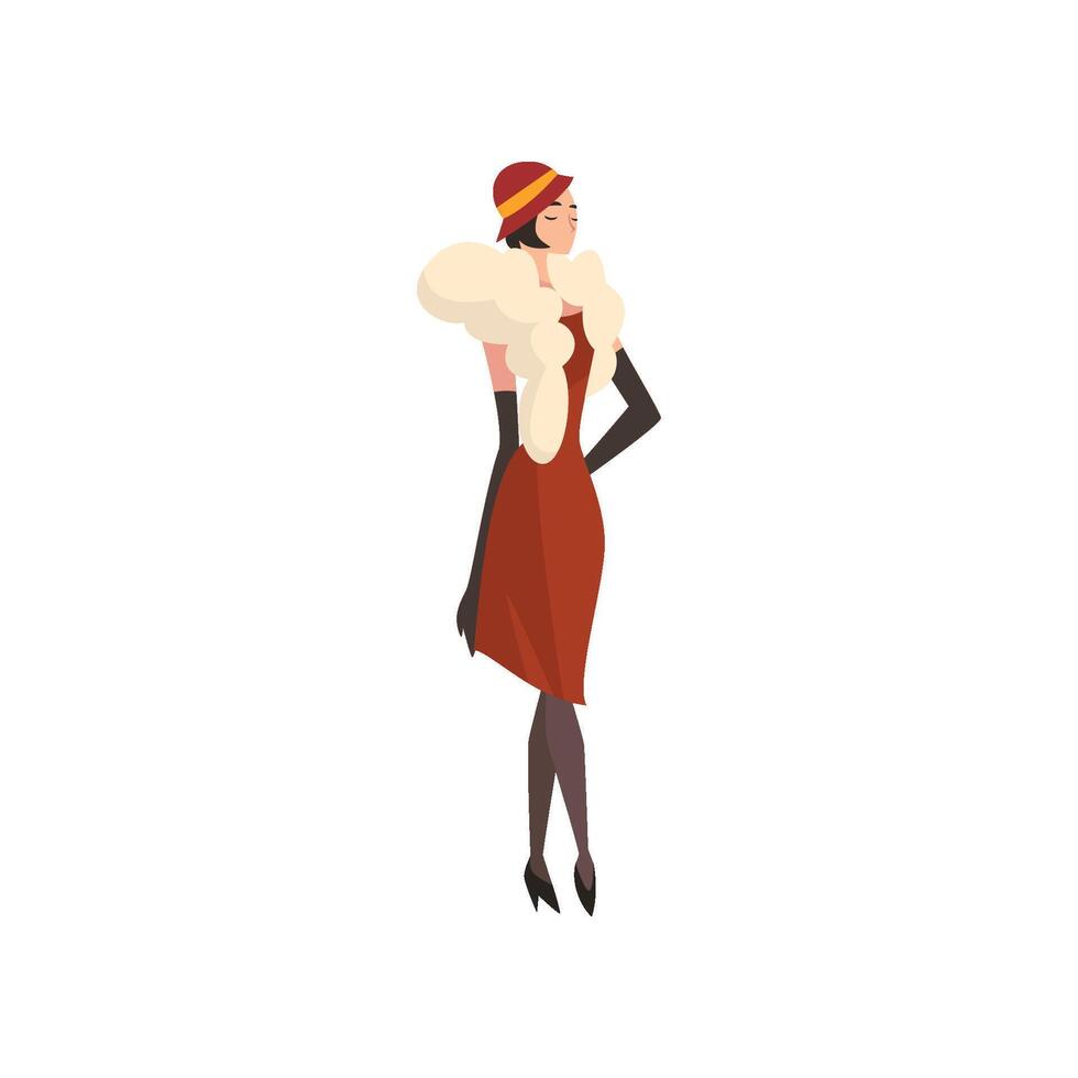 Elegant Woman in Red Retro Dress, Black Stockings, Gloves and Fur Boa, Beautiful Flapper Girl of 1920s, Art Deco Style Illustration vector