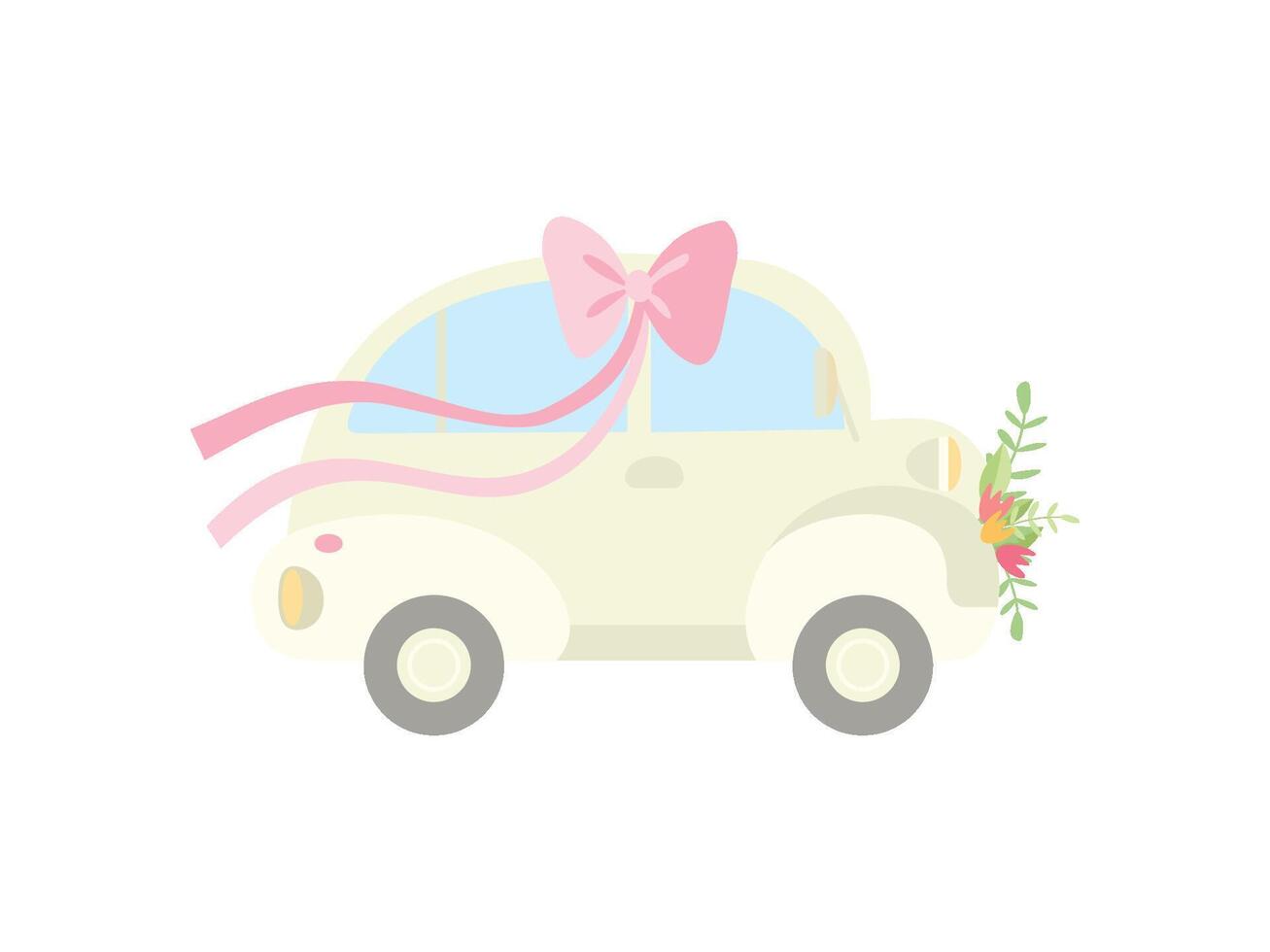 Cute Vintage Car Decorated with Bow on Roof and Flowers, Wedding Retro Auto, Side View Illustration vector