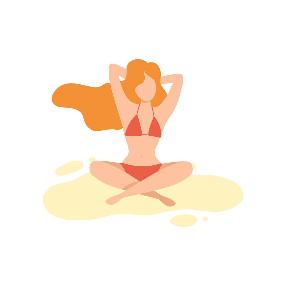 Beautiful Girl in Red Bikini Sitting on Beach with Crossed Legs Illustration vector