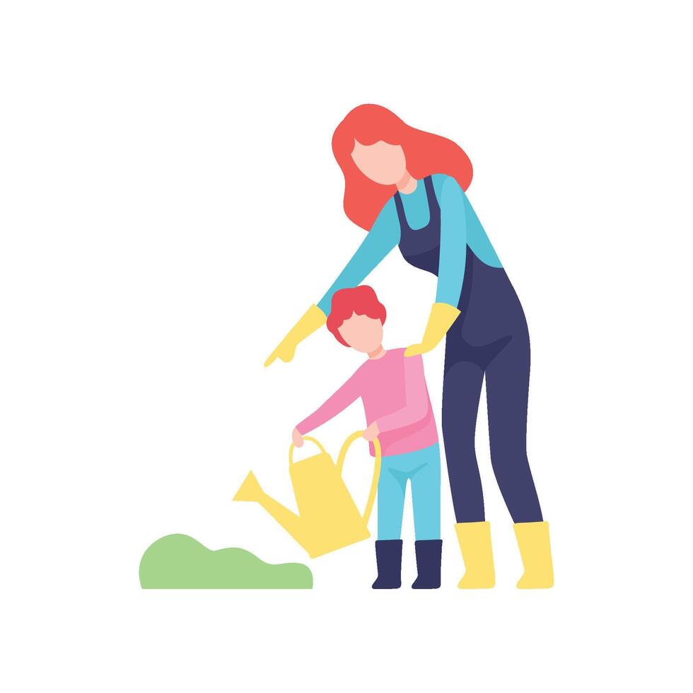 Mother Teaching Son to Water Plants, Mom and Kid Spending Time Together Illustration vector