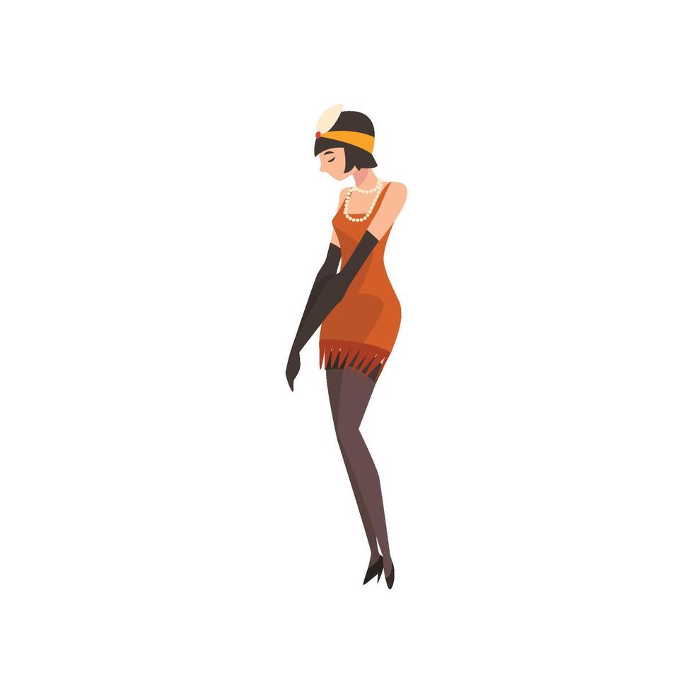 Elegant Woman in Red Retro Dress and Gloves, Beautiful Flapper Girl of 1920s, Art Deco Style Illustration vector
