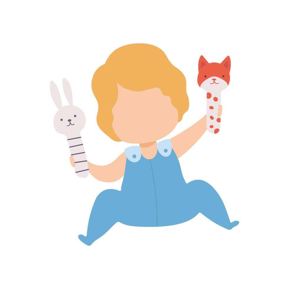 Cute Little Boy Sitting on Floor Playing with Baby Rattle Illustration vector