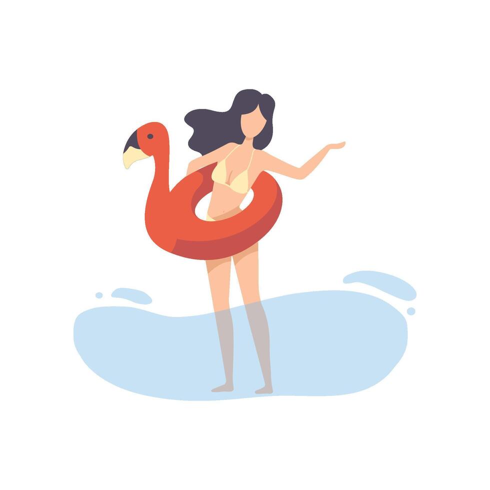 Beautiful Girl in Bikini with Flamingo Inflatable Circle, Young Woman Relaxing on Beach on Summer Vacation Illustration vector