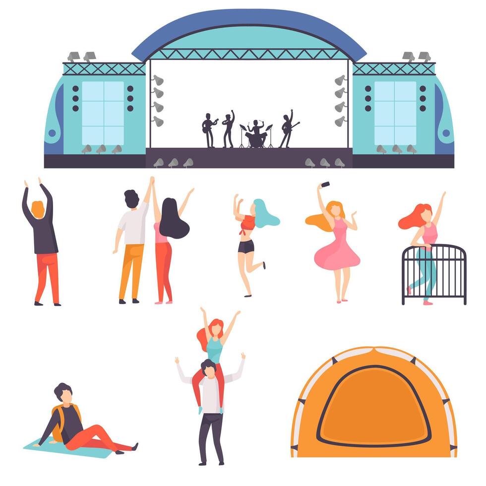 Open Air Festival Set, Music Band Performing on Stage, People Dancing, Cheering, Relaxing, Partying in Camping Park Illustration vector