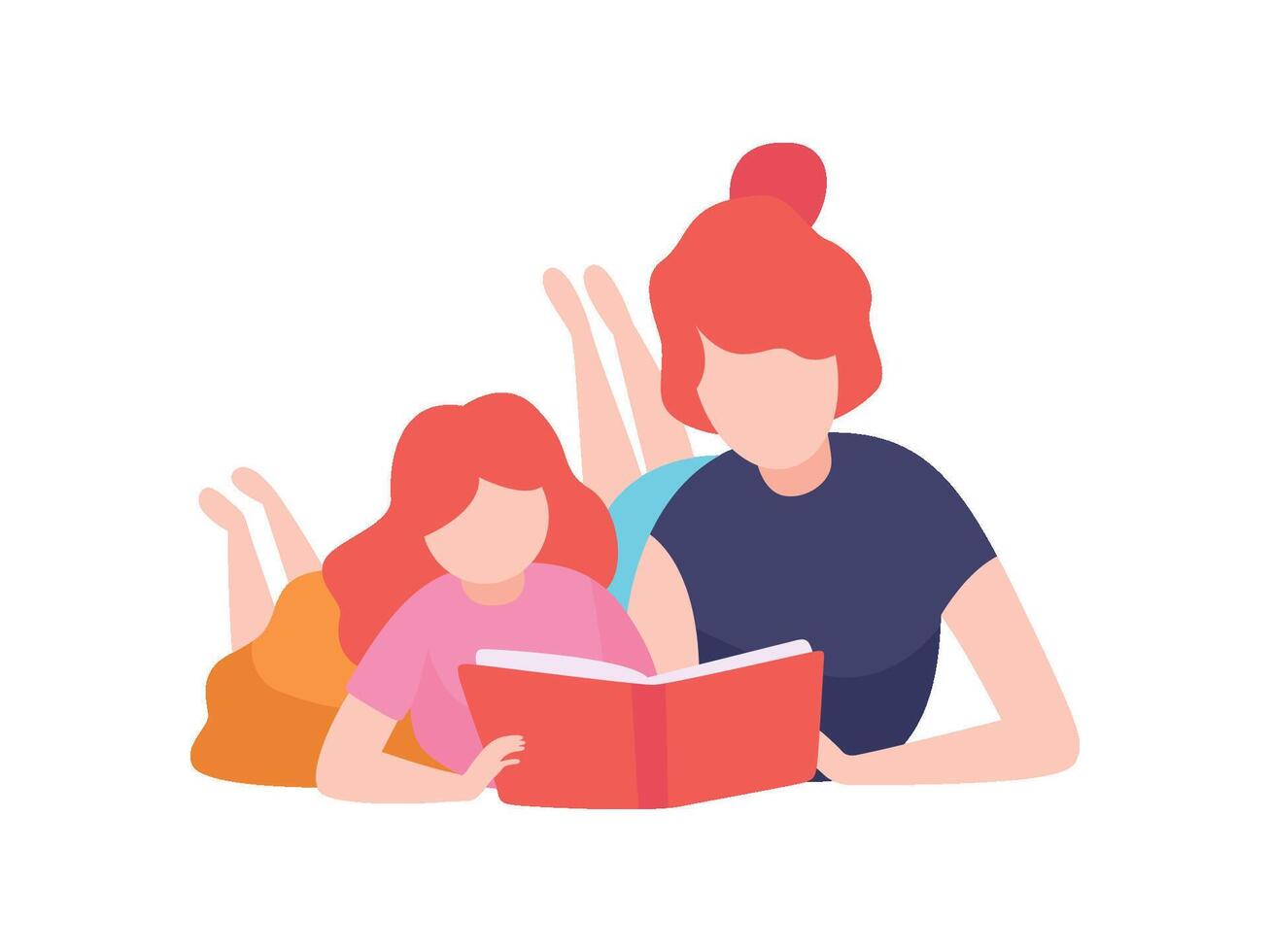 Mother and Daughter Reading Book, Mom and Kid Spending Time Together at Home Illustration vector