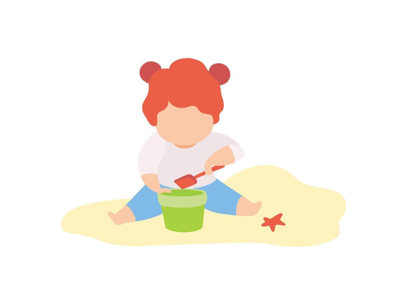 Cute Little Girl Playing in Sand with Bucket and Shovel, Kid Playing on Beach on Summer Holidays Illustration on White Background. vector
