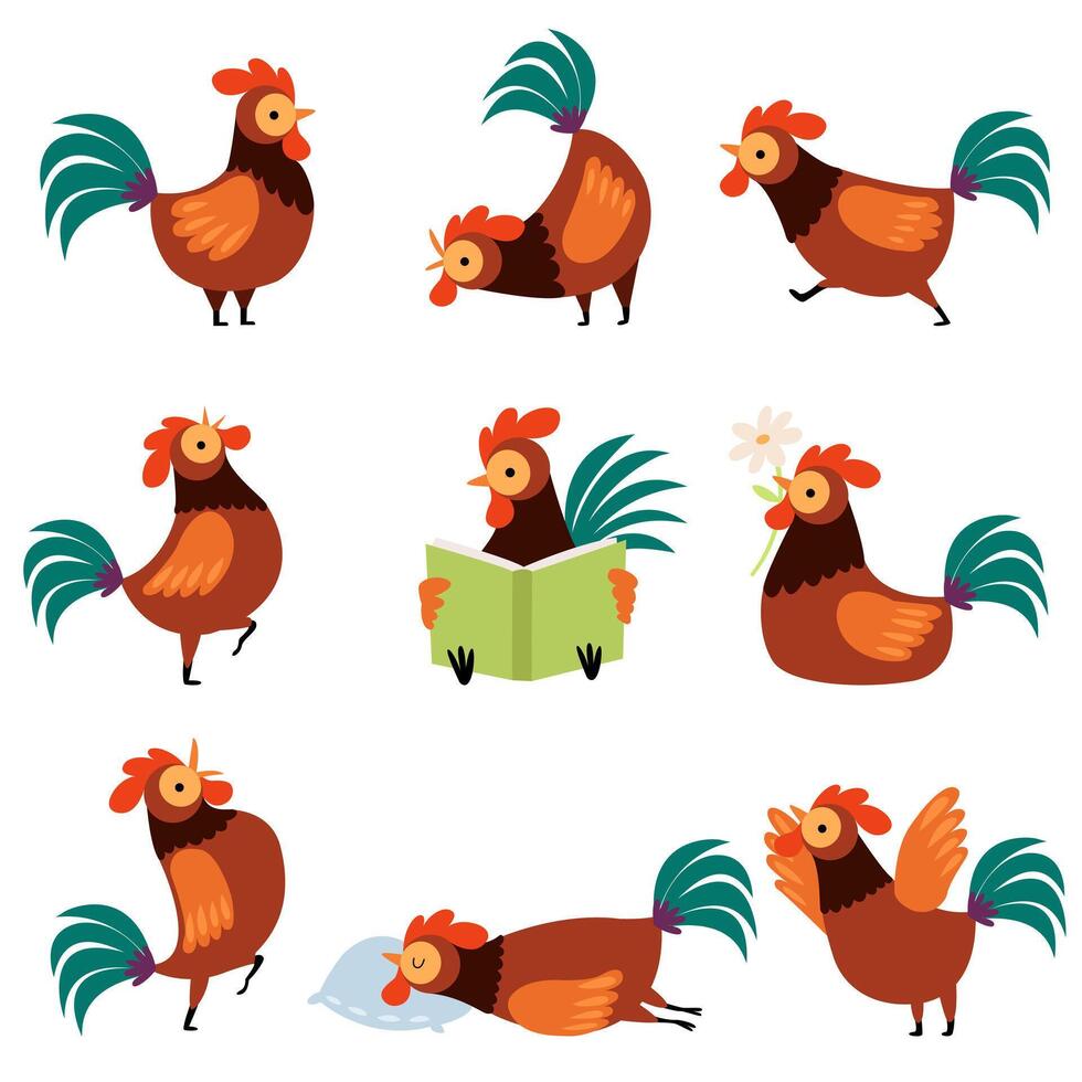 Collection of Roosters with Bright Plumage in Different Situations, Farm Cocks Cartoon Character vector