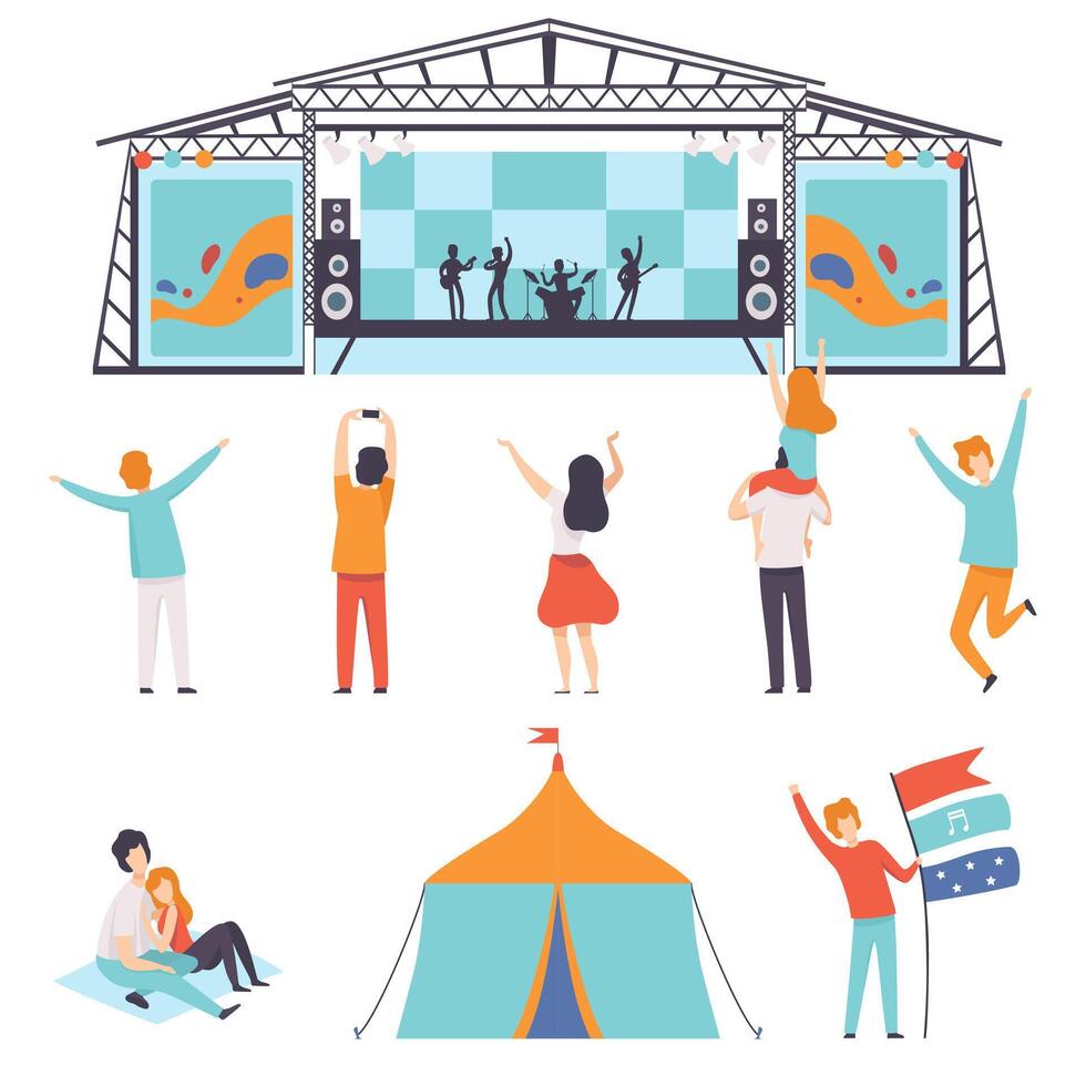 Open Air Festival Set, Music Band Performing on Stage, People Dancing, Cheering, Partying in Camping Park Illustration vector