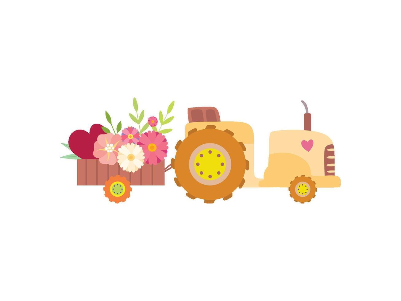 Cute Tractor with Cart Full of Colorful Spring or Summer Flowers Illustration vector