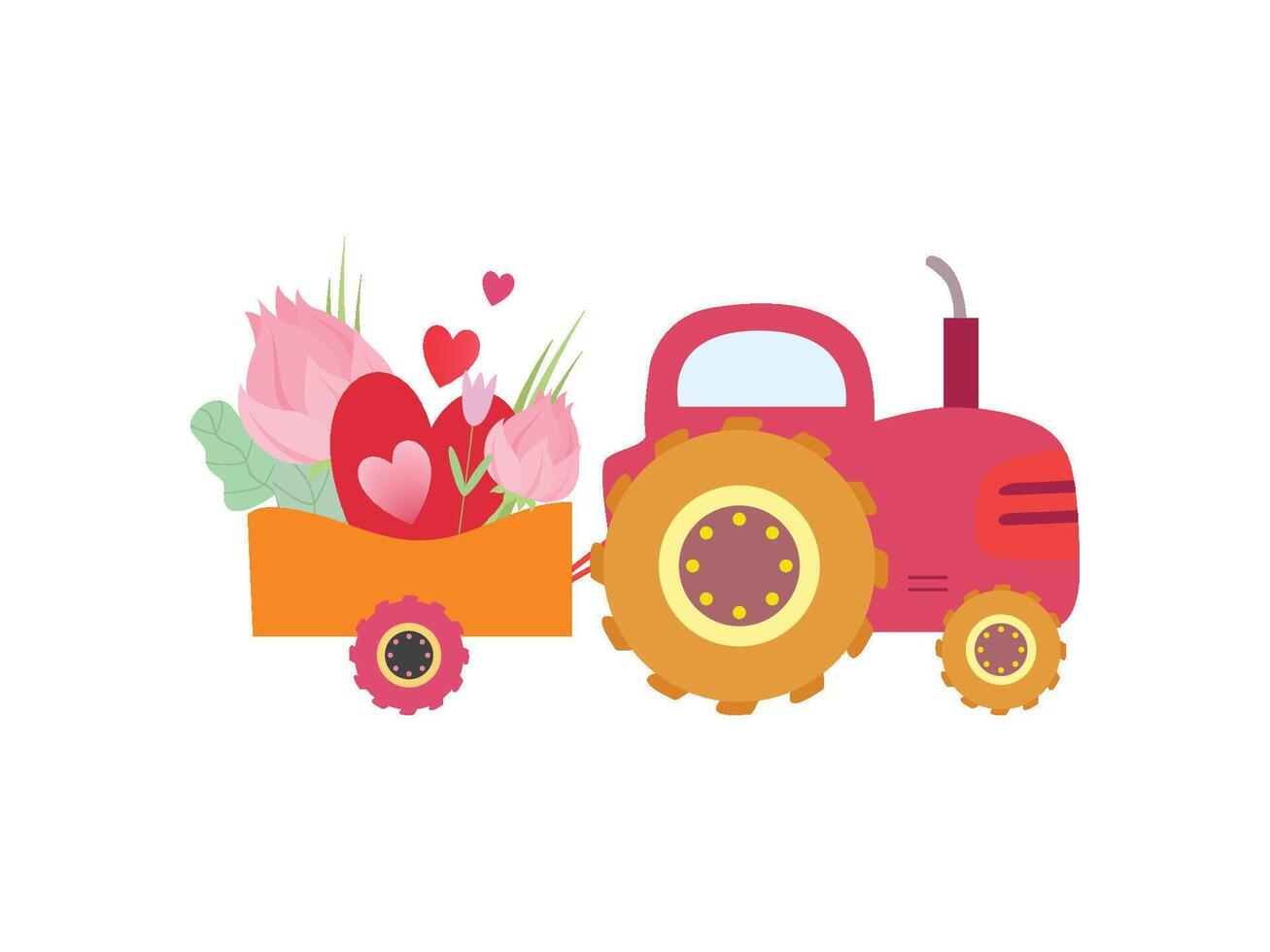 Cute Pink Tractor with Cart with Flowers and Heart Illustration vector
