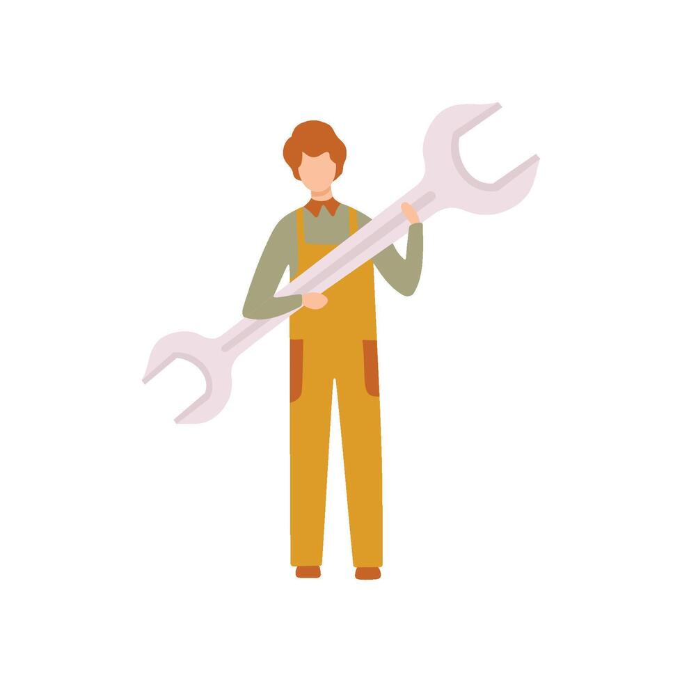 Professional Repairman with Giant Wrench Tool, Auto Mechanic Character in Uniform Working In Car Repair Service Illustration vector