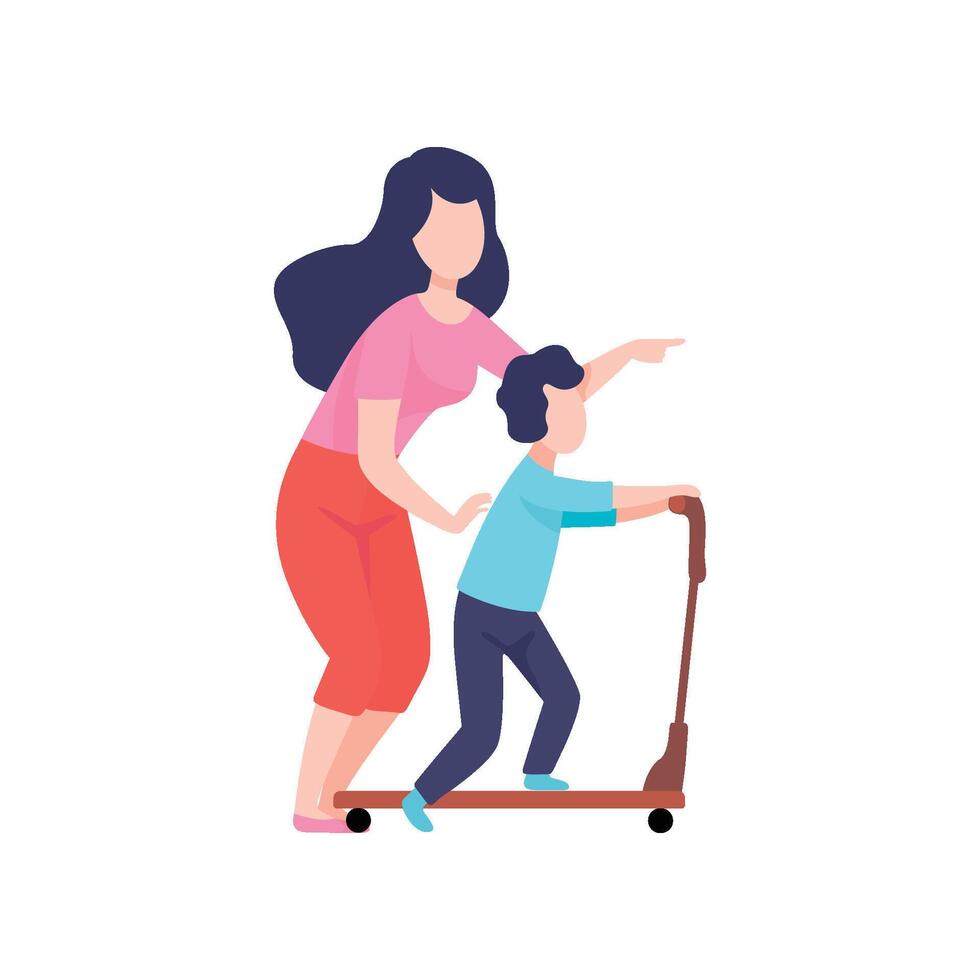 Mother Teaching Son to Ride Kick Scooter, Mom Having Good Time with Her Kid Illustration vector
