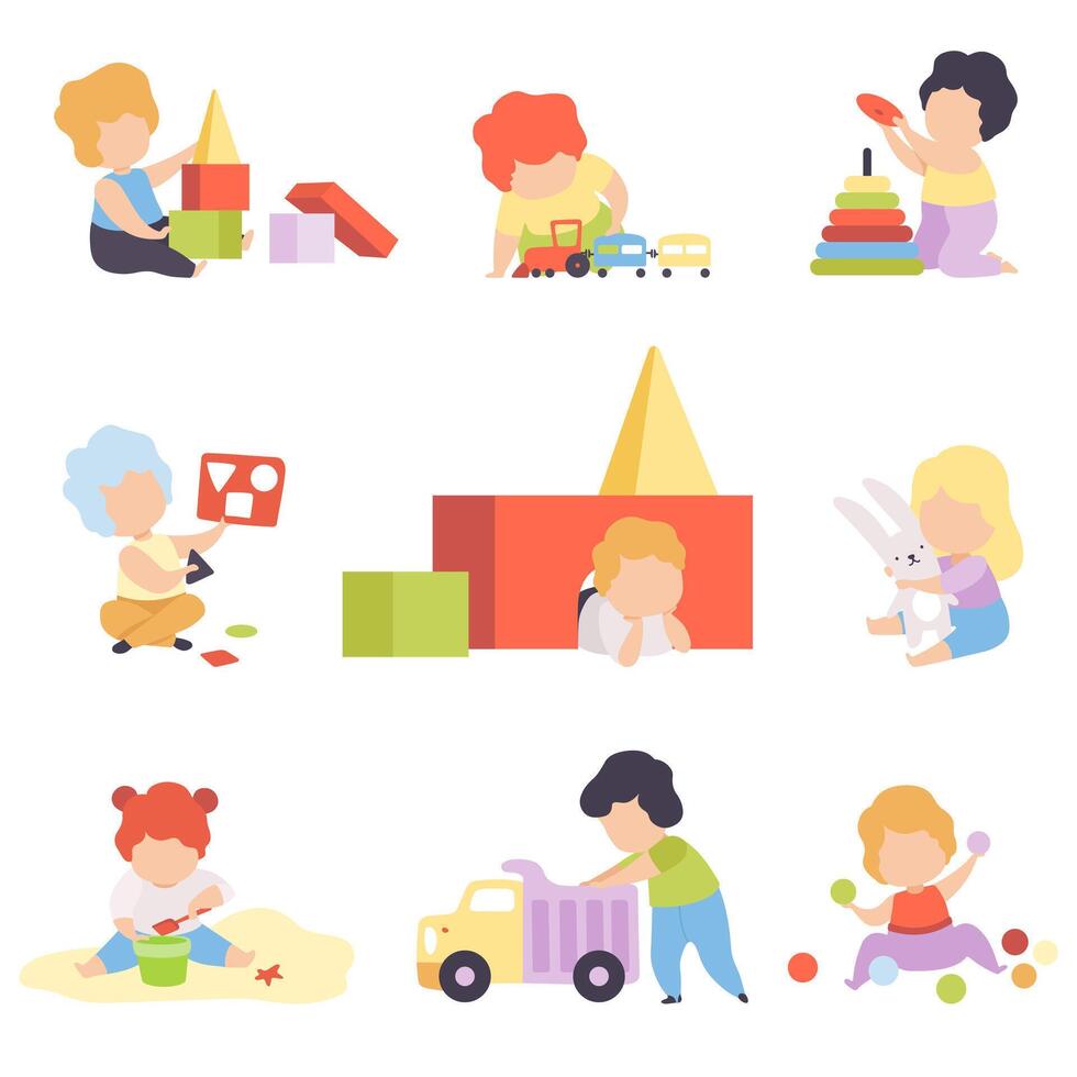 Cute Little Kids Playing with Toys Set, Toddler Boys and Girls Playing with Pyramid, Blocks, Car, Sorter, Balls Illustration vector