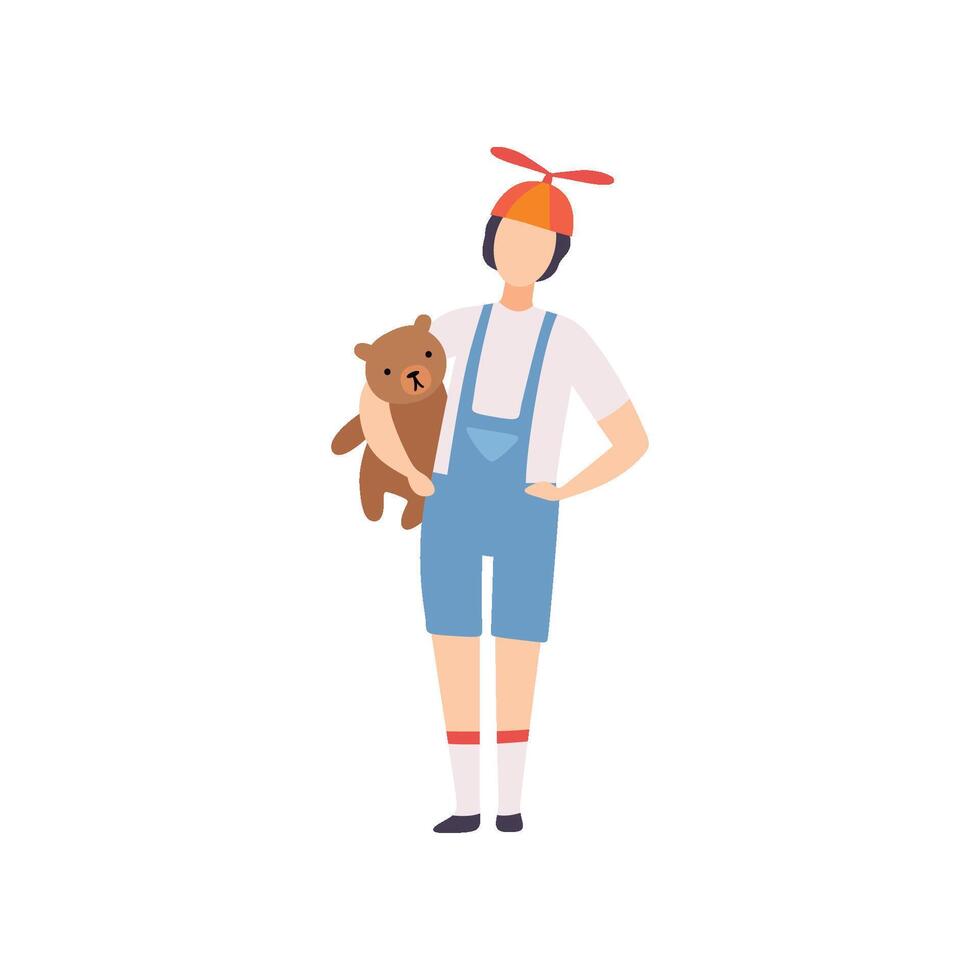 Young Man Wearing Jumpsuit with Propeller Cap Standing with Teddy Bear, Masquerade Ball, Carnival Party Design Element Illustration vector