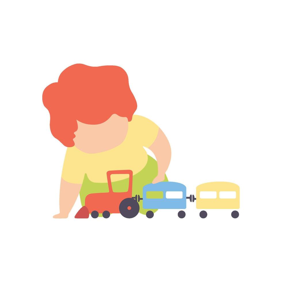 Cute Little Boy Sitting on Floor Playing with Toy Train Illustration vector
