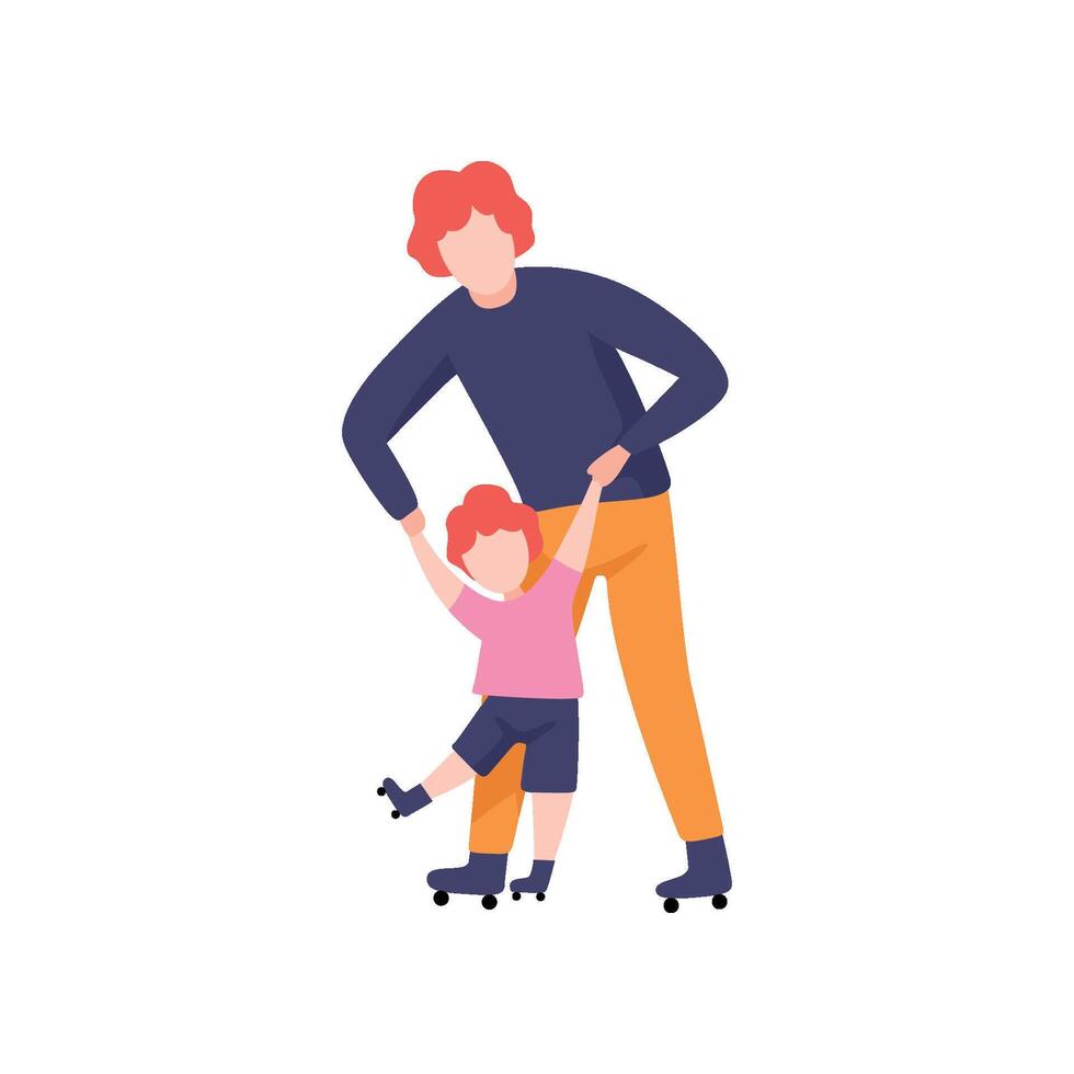 Dad Teaching Daughter to Skate on Rollers, Father Having Good Time with His Kid Illustration vector