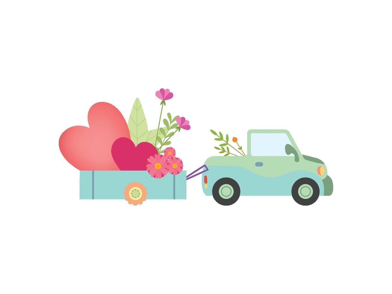 Cute Car with Cart Full of Flowers and Hearts Illustration vector
