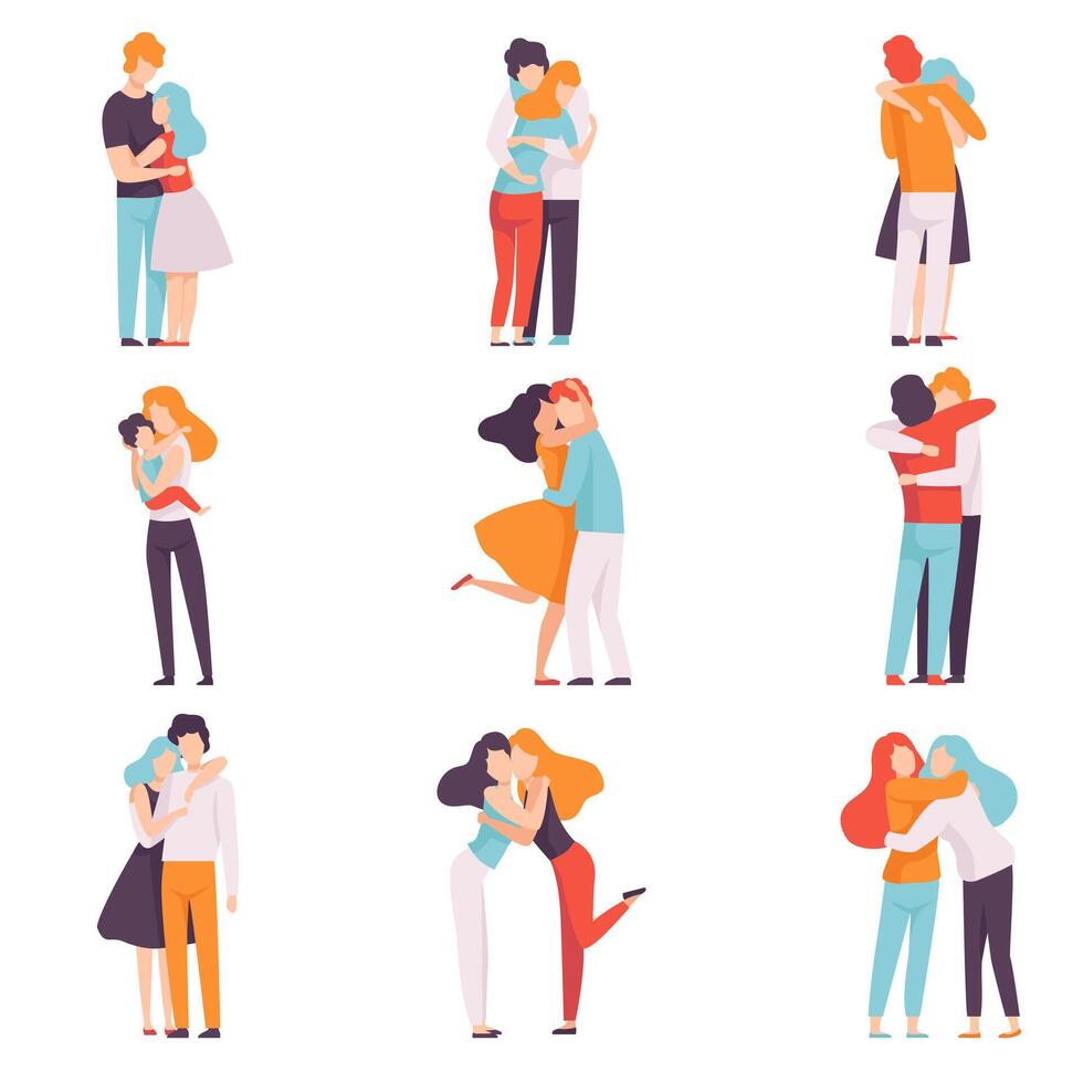 Happy Young Male and Female Embracing Each Other Set, People Celebrating Event, Couples in Love, Best Friends Illustration vector