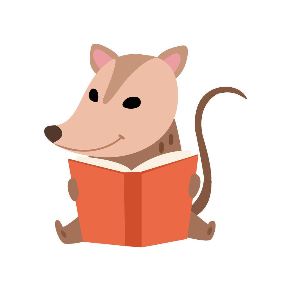 Cute Opossum Sitting and Reading Book, Adorable Wild Animal Cartoon Character Illustration vector