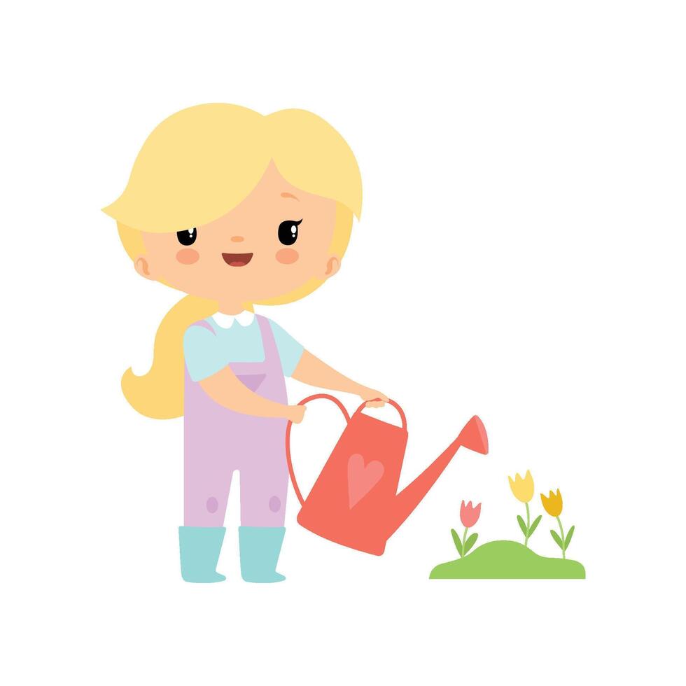 Cute Young Girl in Overalls and Rubber Boots Watering Tulip Flowers, Farmer Girl Cartoon Character Working in Garden Illustration vector