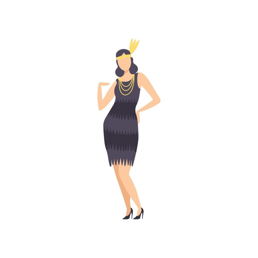 Elegant Woman in Black Retro Dress and Vintage Jewelry, Masquerade Ball, Carnival Party Design Element Illustration vector