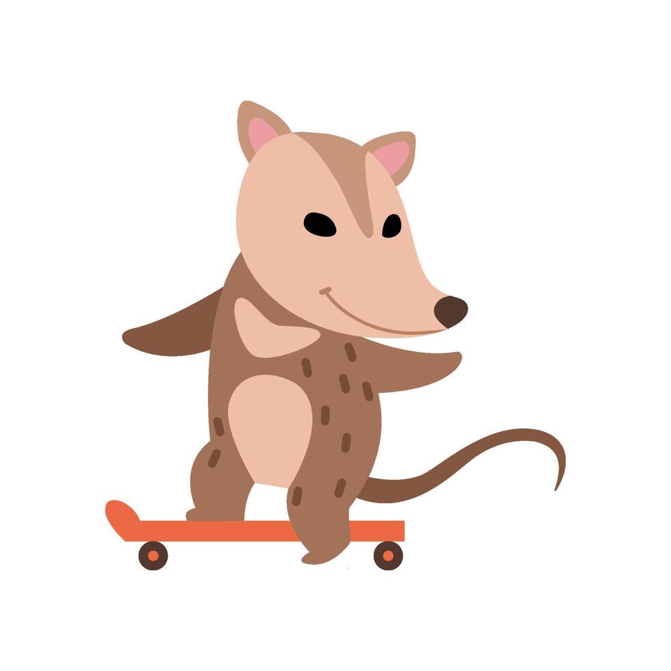 Cute Opossum Riding on Skateboard, Adorable Wild Animal Cartoon Character Illustration vector