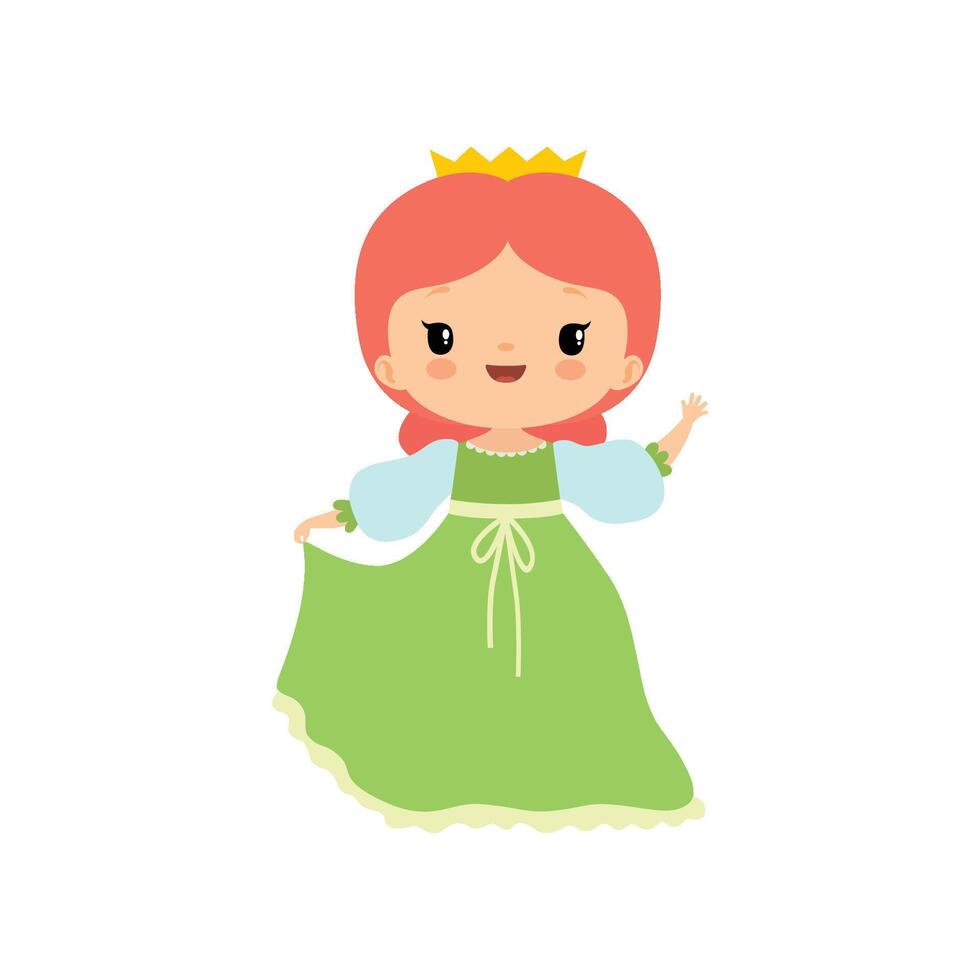 Cute Little Fairytale Princess Girl Wearing Green Dress and Golden Crown Cartoon Illustration vector