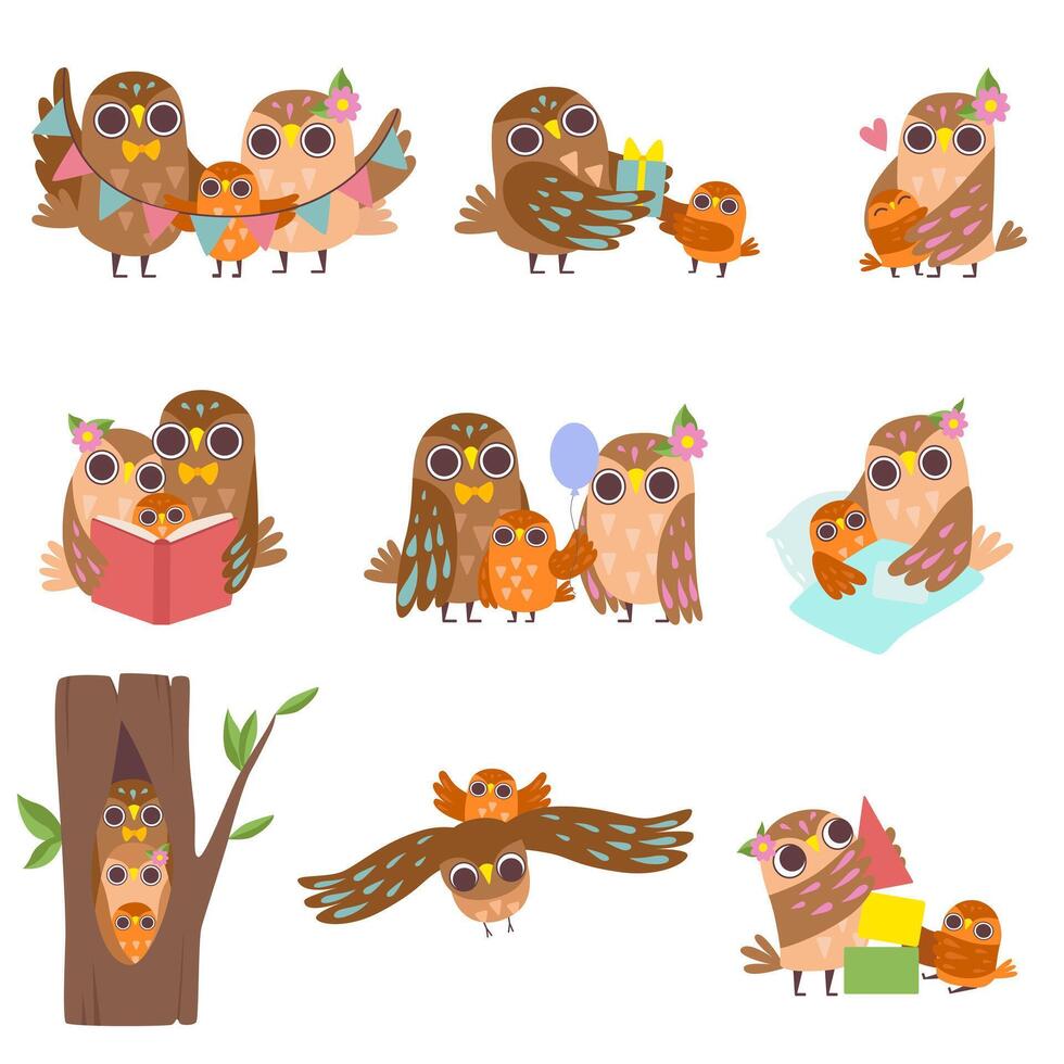 Happy Family of Owls Set, Father, Mother and Their Baby, Cute Cartoon Birds Characters Illustration vector