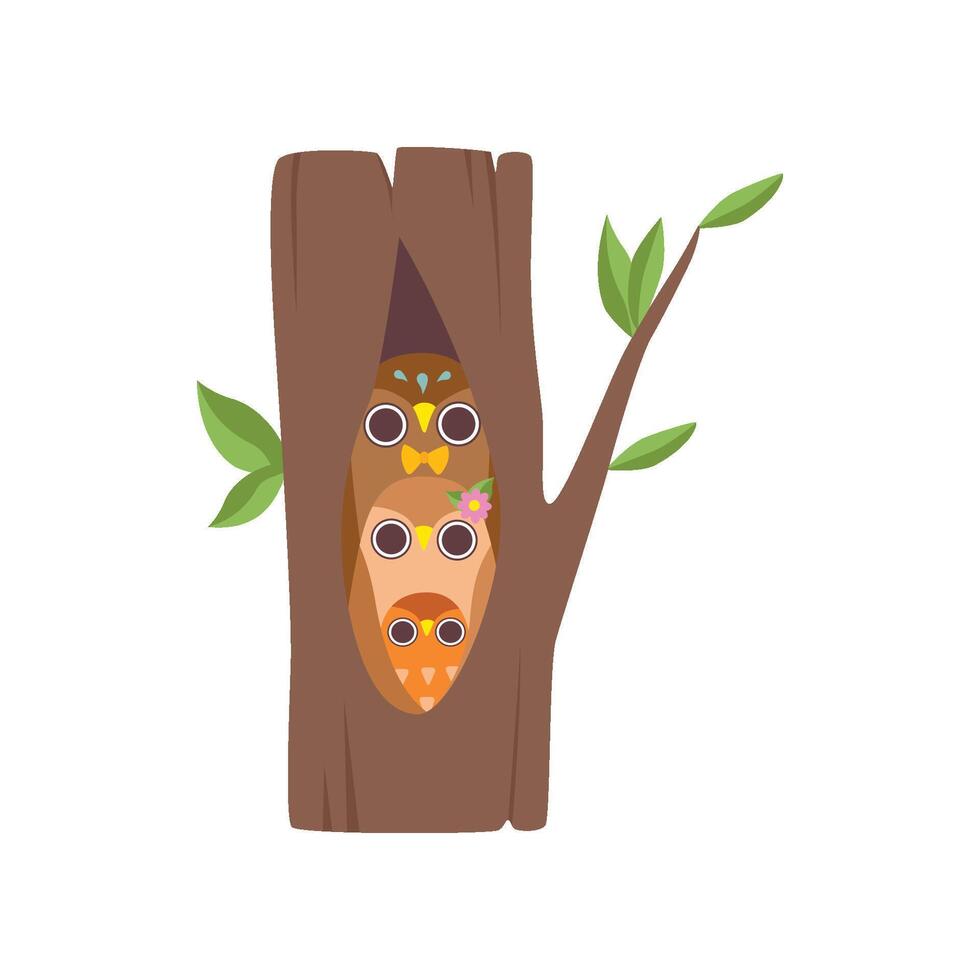 Happy Family of Owls Sitting in Hollow of Tree, Father, Mother and Their Owlet, Cute Cartoon Birds Characters Illustration vector