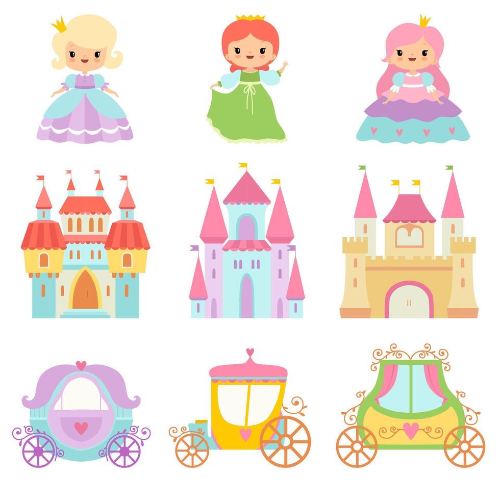 Collection of Cute Little Princesses, Magic Castles, Fairy Tale Carriages Cartoon Illustration vector