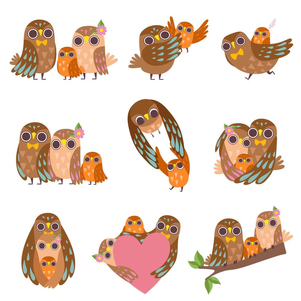Family of Owls Set, Father, Mother and Their Baby, Cute Cartoon Birds Characters Illustration vector