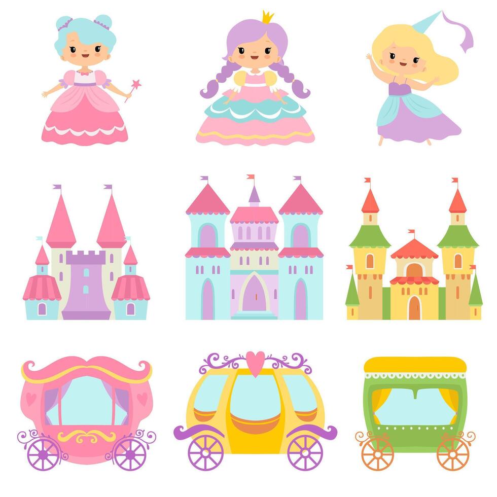 Collection of Cute Little Princesses, Magic Castles, Fairy Tale Carriages, Fantasy Kingdoms Cartoon Illustration vector