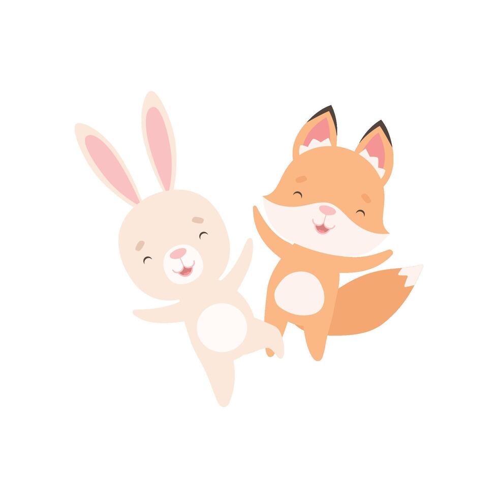 Lovely White Little Bunny and Fox Cub Happily Jumping, Cute Best Friends, Adorable Rabbit and Pup Cartoon Characters Illustration vector
