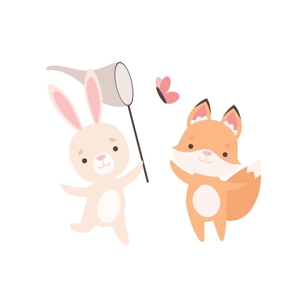 Lovely White Little Bunny and Fox Cub Catching Butterflies with Net, Cute Best Friends, Adorable Rabbit and Pup Cartoon Characters Illustration vector