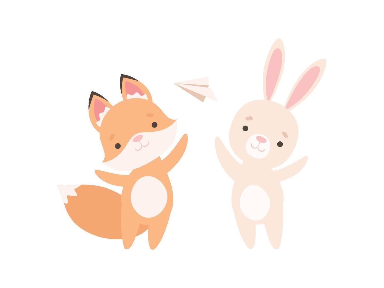 Lovely White Little Bunny and Fox Cub Playing with Paper Plane, Cute Best Friends, Adorable Rabbit and Pup Cartoon Characters Illustration vector