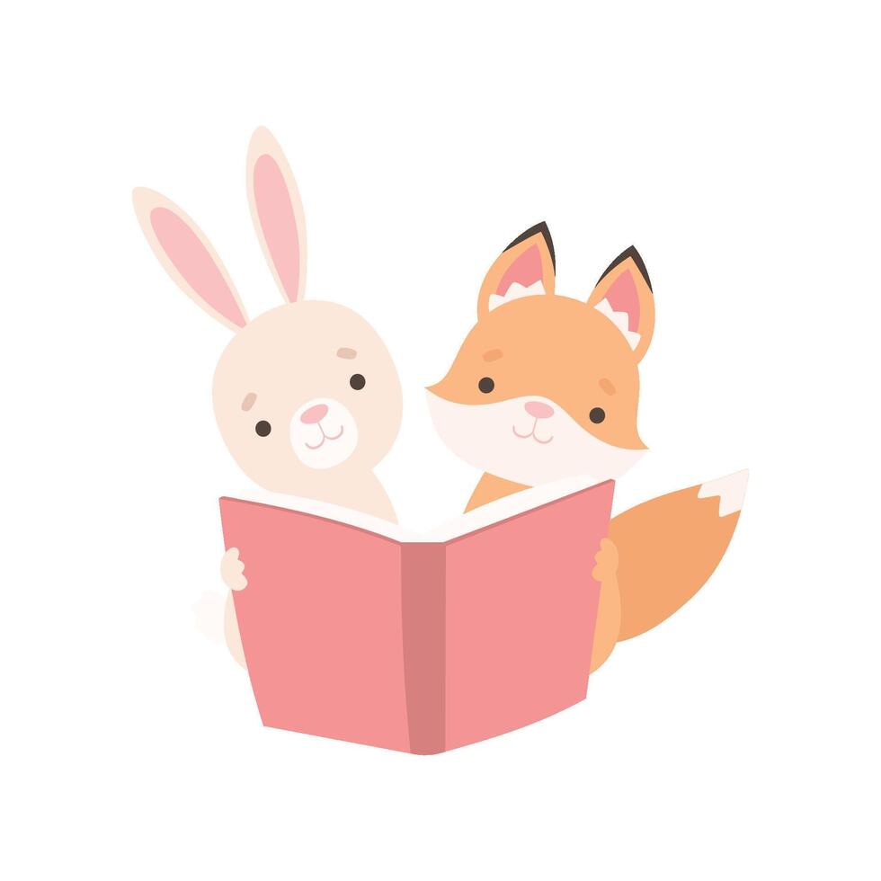 Lovely White Little Bunny and Fox Cub Reading Book, Cute Best Friends, Adorable Rabbit and Pup Cartoon Characters Illustration vector