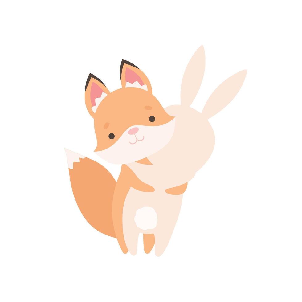 Lovely White Little Bunny and Fox Cub Hugging, Cute Best Friends, Adorable Rabbit and Pup Cartoon Characters Illustration vector