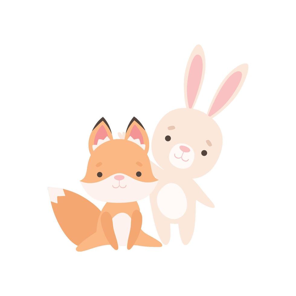 Lovely White Little Bunny and Fox Cub are Best Friends, Adorable Rabbit and Pup Cartoon Characters Illustration vector