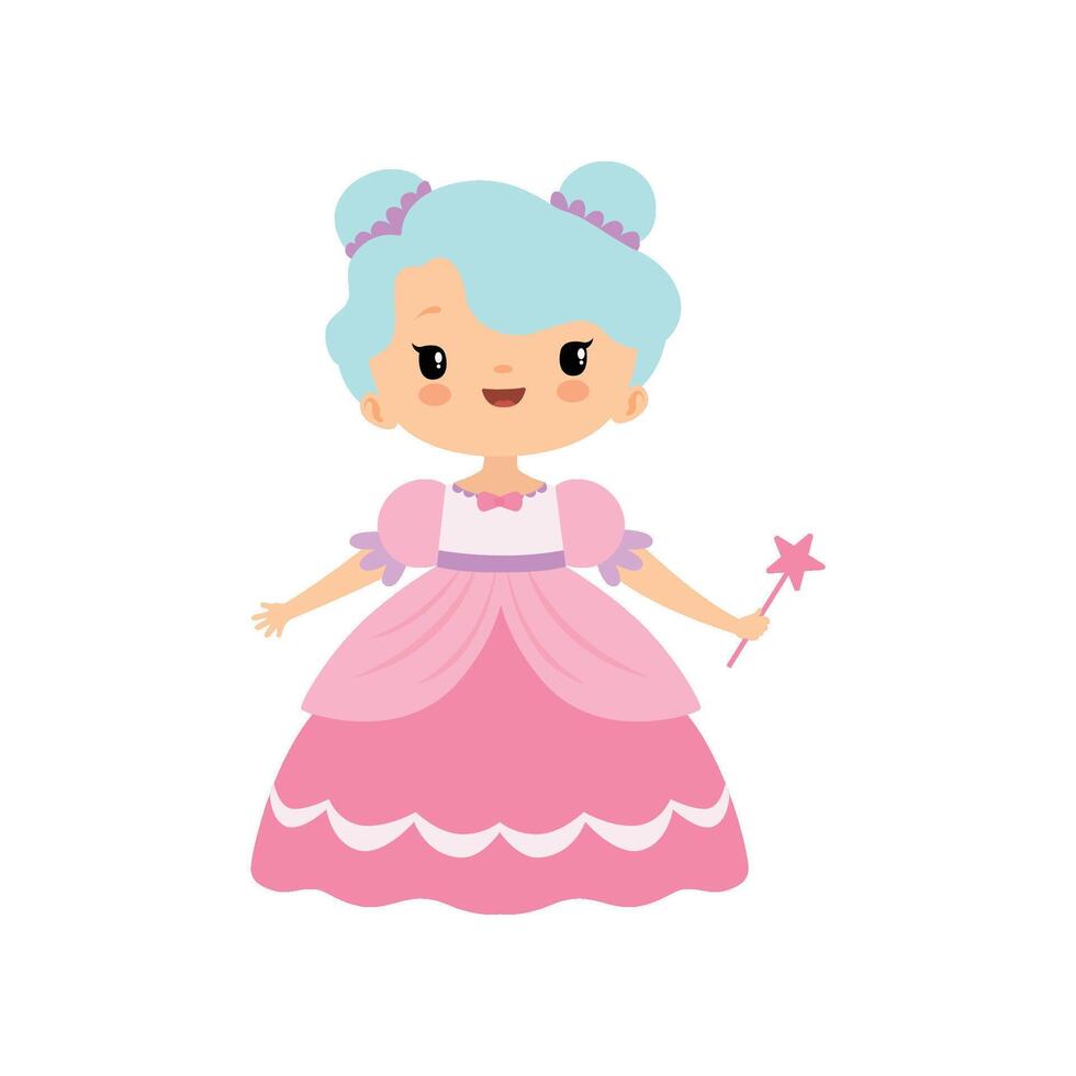 Cute Little Fairytale Princess Girl in Pink Dress with Magic Wand Cartoon Illustration vector