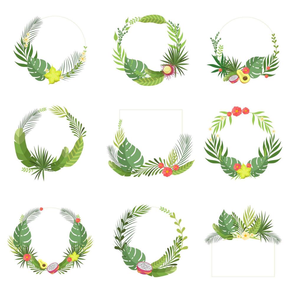 Tropical Leaves and Flowers Elegant Frame with Place for Your Text Set, Rainforest Foliage Border, Banner, Poster, Wedding Invitation, Summer Greeting Card Design Element Illustration vector