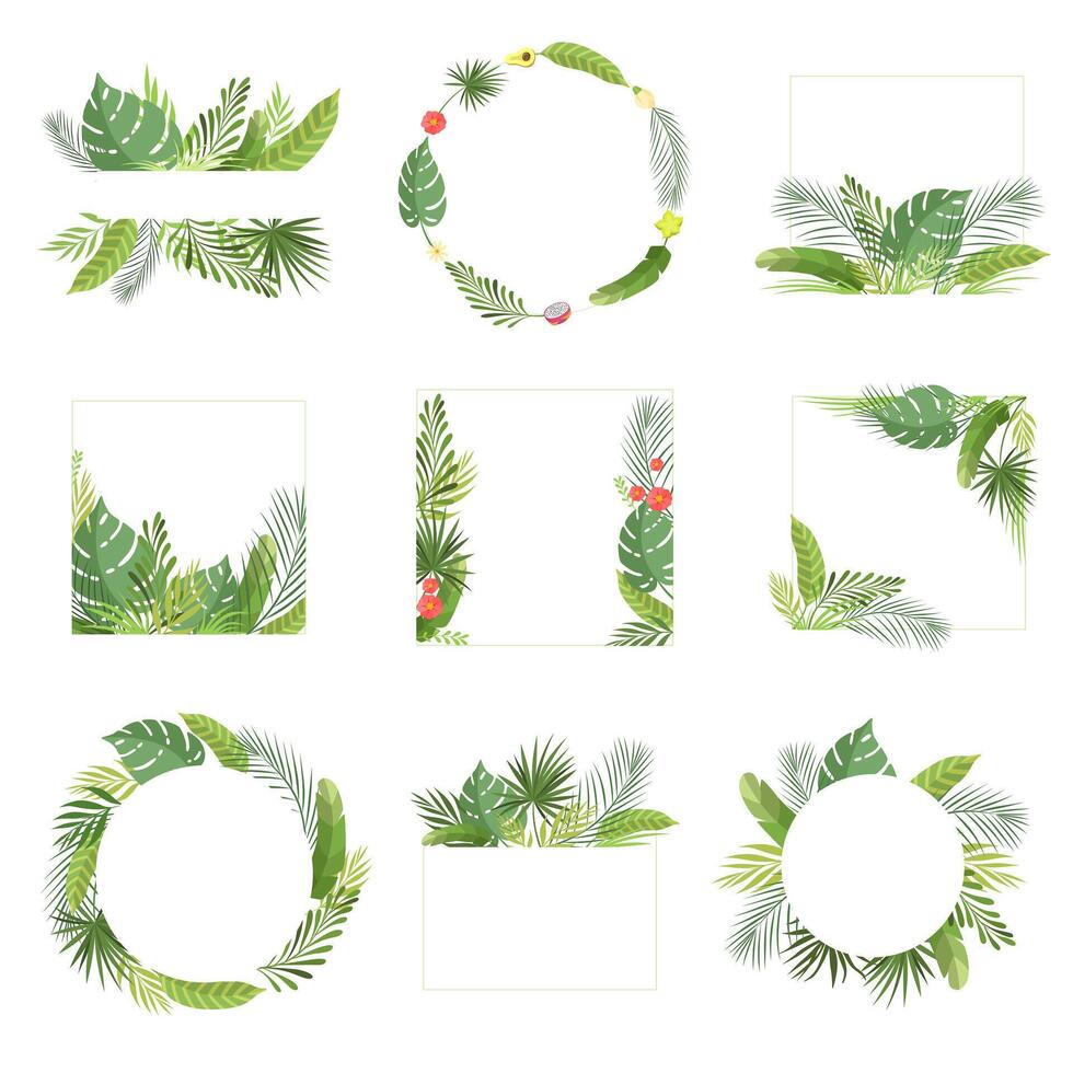 Tropical Leaves Frame with Space for Text Set, Banner, Rainforest Foliage Border, Poster, Wedding Invitation, Summer Greeting Card Design Element Illustration vector