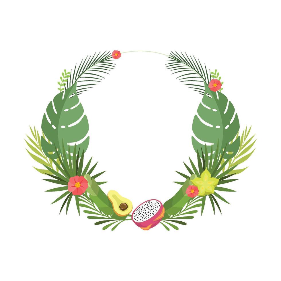 Trendy Tropical Leaves, Flowers and Fruits Elegant Frame with Place for Your Text, Banner, Poster, Wedding Invitation, Summer Greeting Card Design Element Illustration vector
