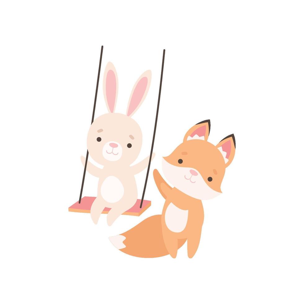 Lovely White Little Bunny Swinging on Rope Swing, Adorable Rabbit and Fox Cub are Best Friends Illustration vector