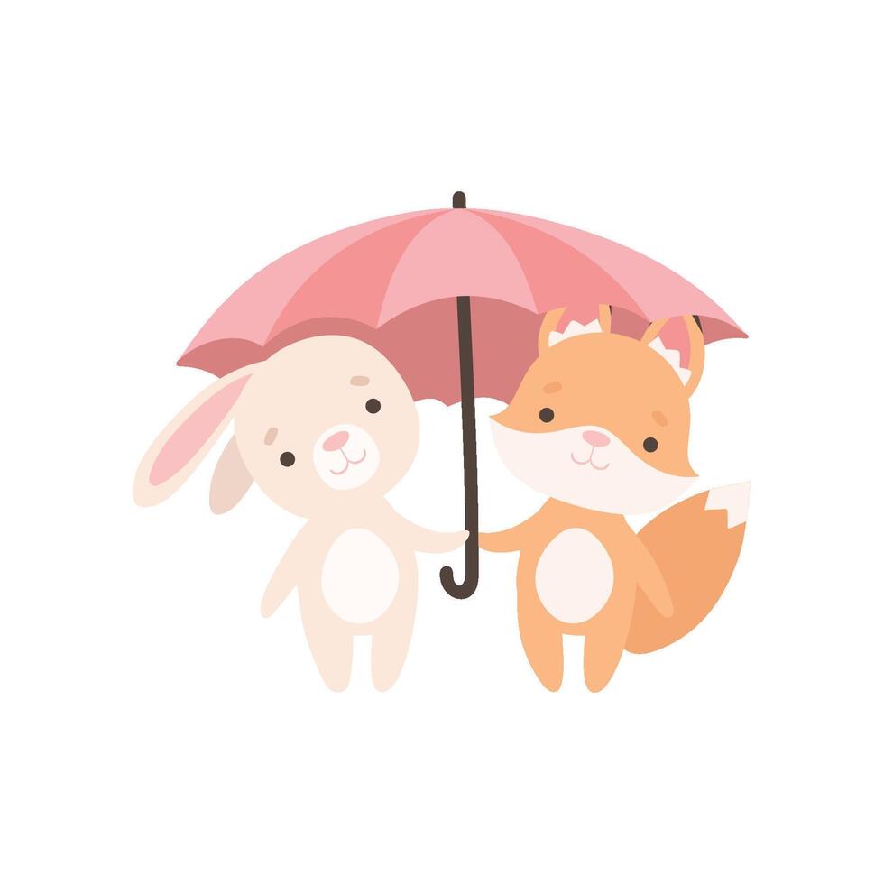 Lovely White Little Bunny and Fox Cub Standing under Umbrella, Cute Best Friends, Adorable Rabbit and Pup Cartoon Characters Illustration vector
