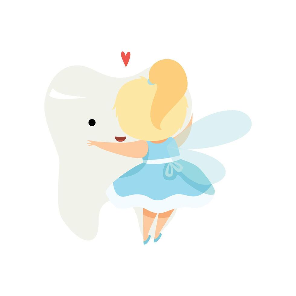 Cute Little Tooth Fairy Hugging Big Tooth, Lovely Blonde Fairy Girl Cartoon Character in Light Blue Dress with Wings Illustration vector