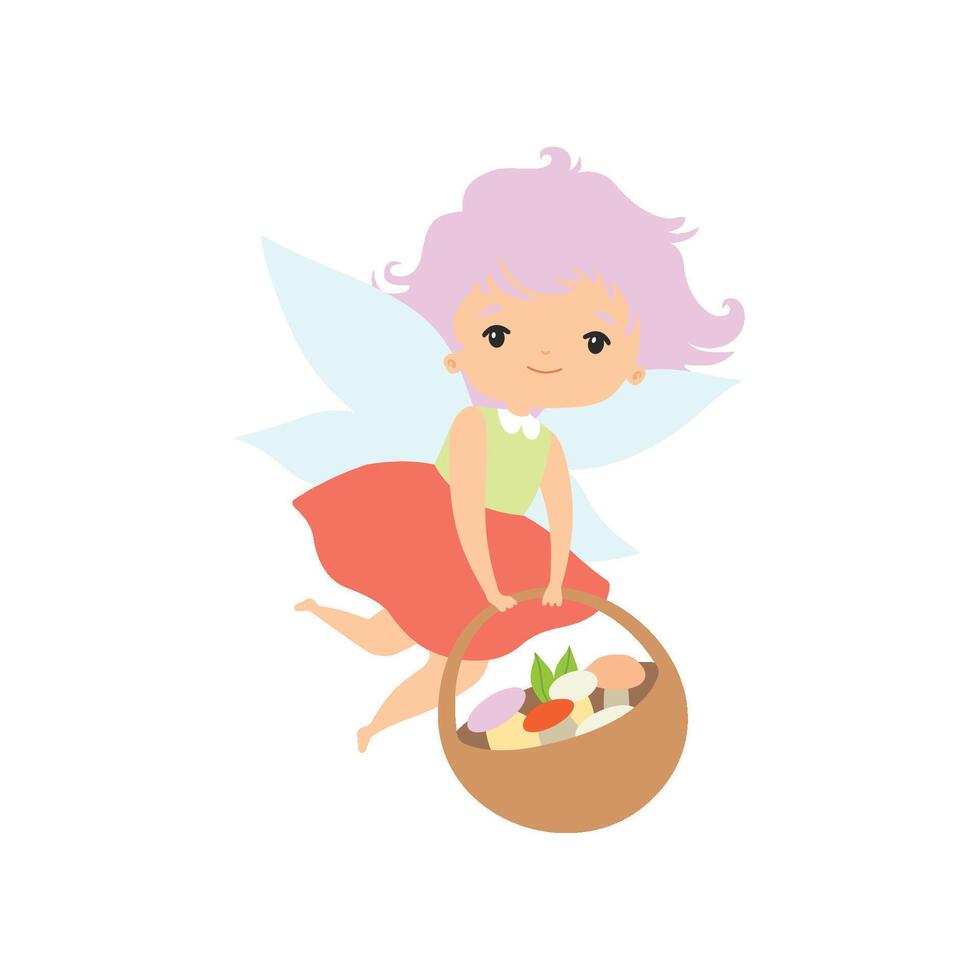 Little Forest Fairy Flying with Basket Full of Mushrooms, Lovely Fairy Girl Cartoon Character Illustration vector