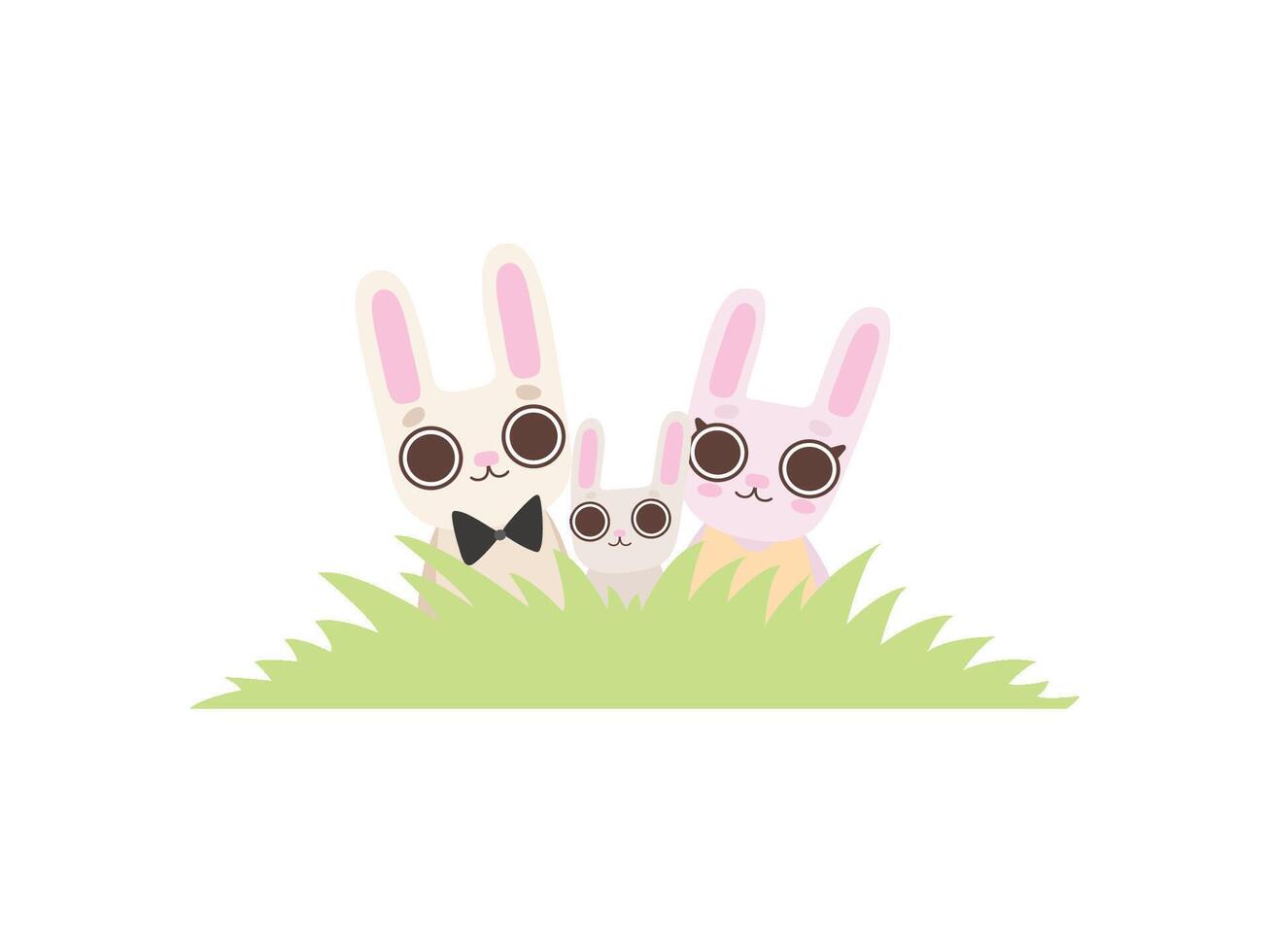 Happy Family of Bunnies, Father, Mother and Baby Rabbits Sitting on Green Lawn, Cute Cartoon Hares Characters Illustration vector